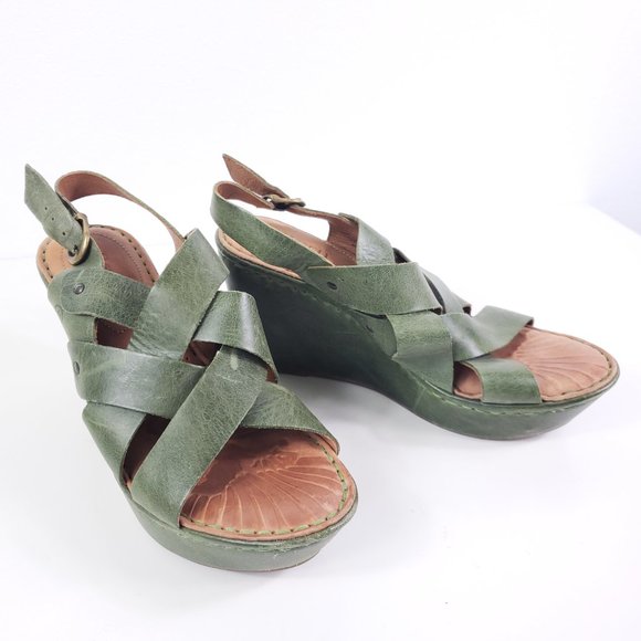 Born Leather Spring Green Strappy Platform Wedges Heels - Picture 5 of 7